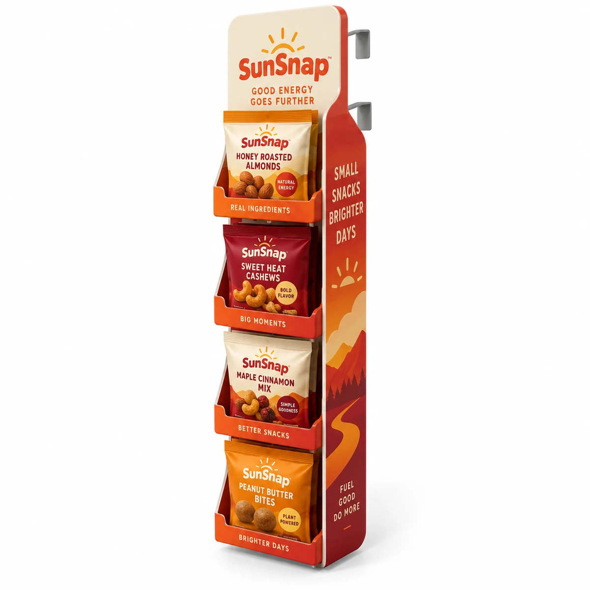 Slim PVC sidekick display for packaged snacks in retail aisles