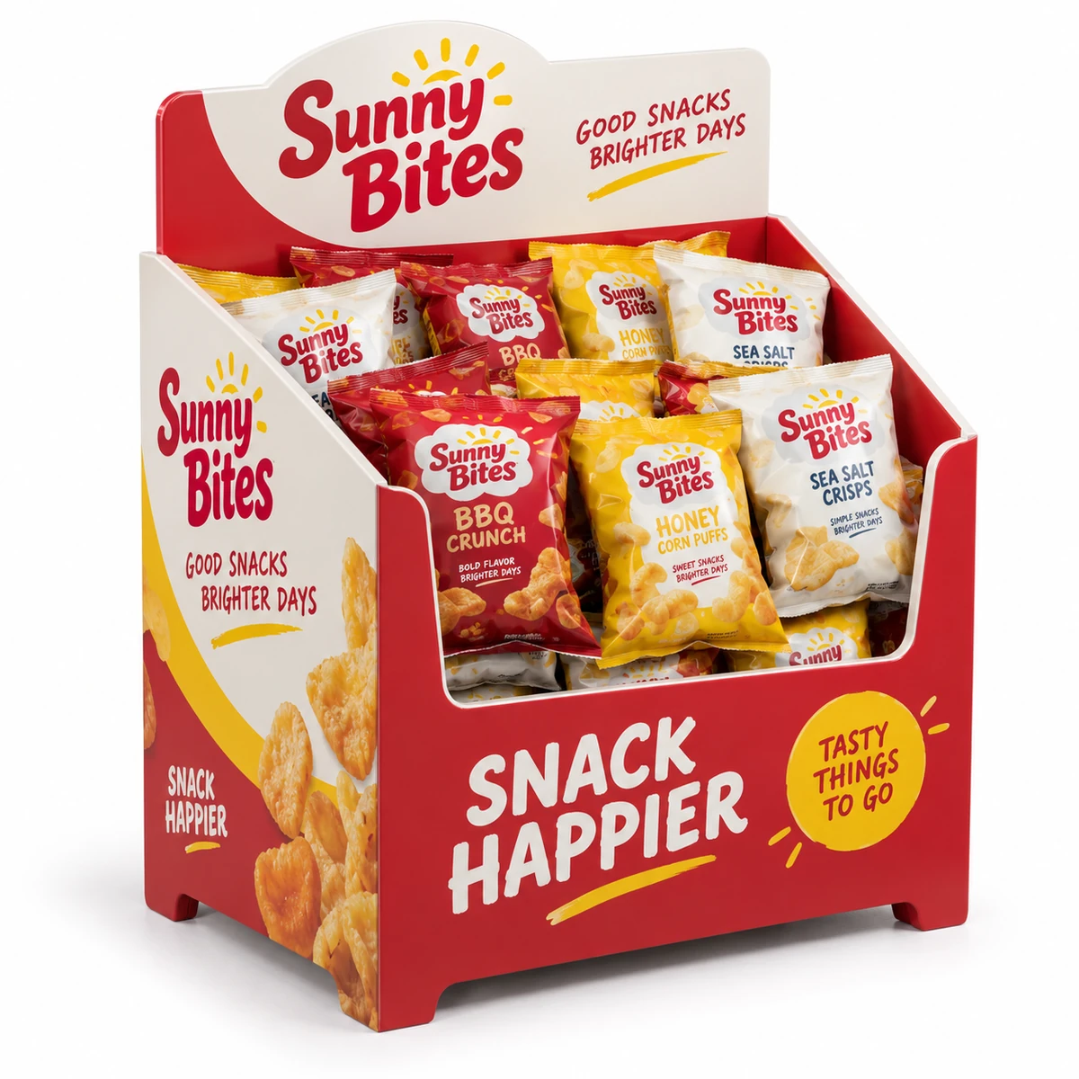 Open-top PVC dump bin display for assorted bagged snack products